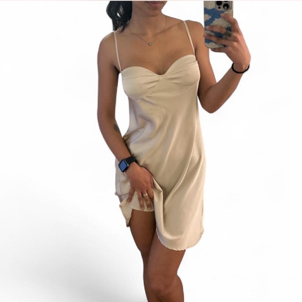 Zara Mini Satin Slip Dress in Stone Sz S - Never Worn